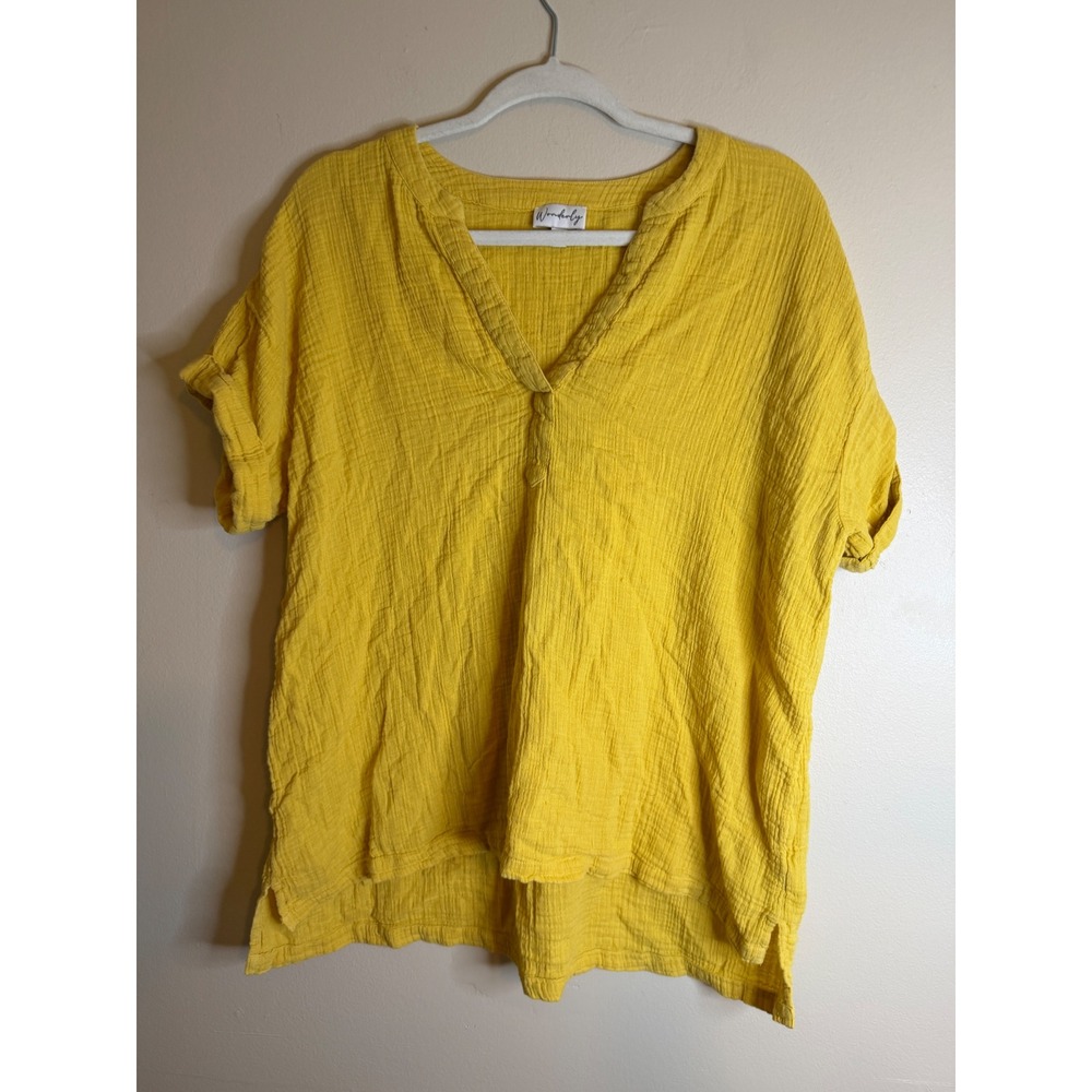 Wonderfly Womens M Mustard Yellow Textured Gauze V Neck Top Boho